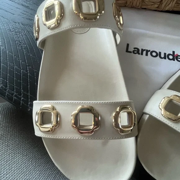 Larroude Milan Cream Slide Sandals with Gold Accents - Picture 3 of 9